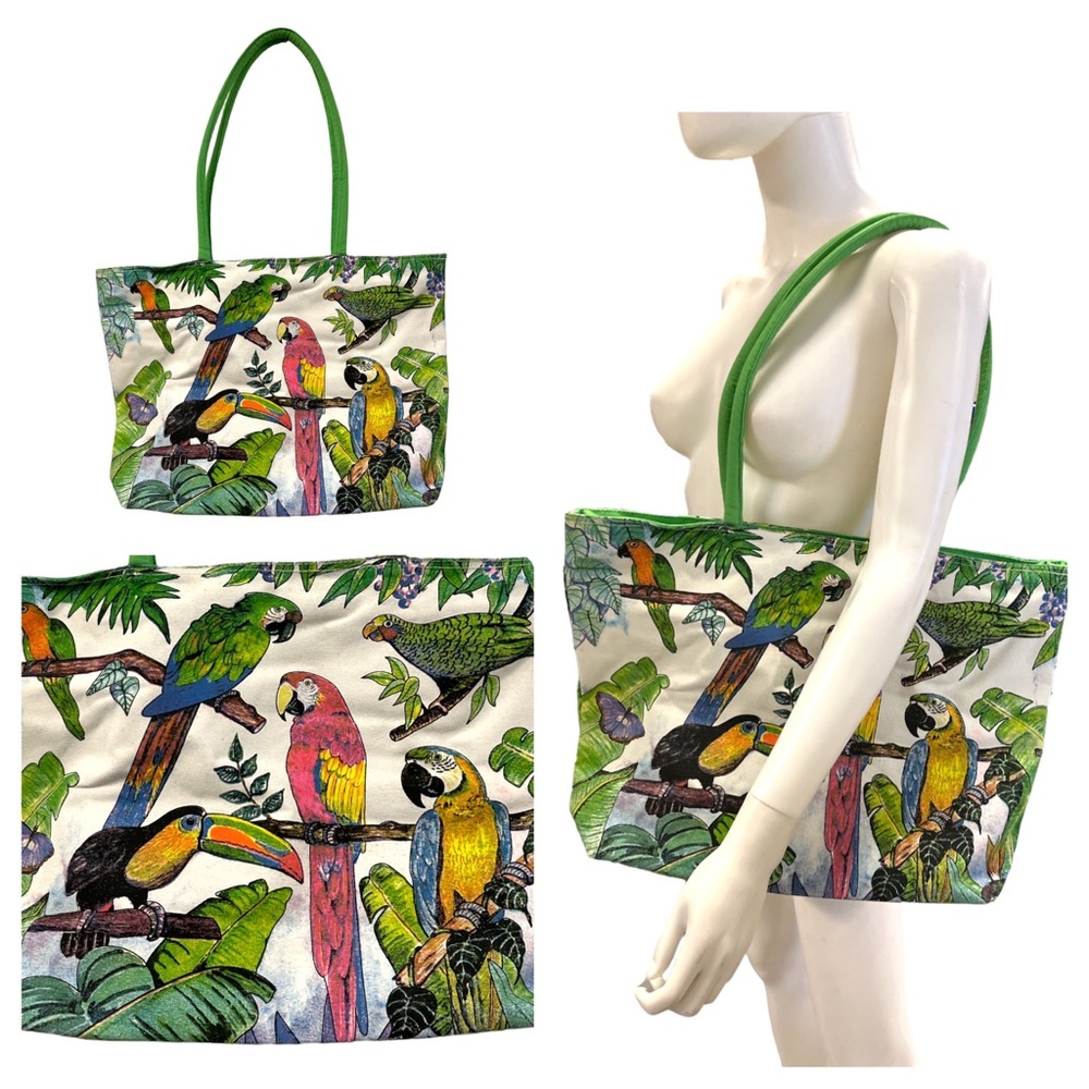 Vintage All Around Parrot Design Green & White Cloth Beach Bag Satchel Purse - Picture 1 of 5
